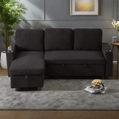 78.5" Corduroy L-Shaped Convertible Sofa Bed with Reversible Design, Pull-Out Sleeper & Storage Ottoman