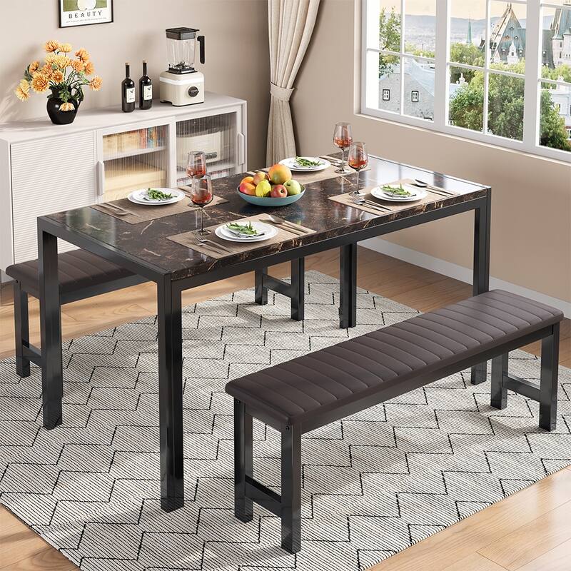 3-Piece Dining Table Set, Kitchen Table & PU Benches for 4 - White&Balck