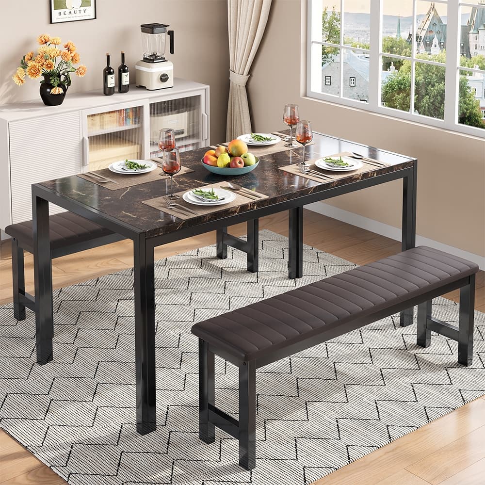 3-Piece Dining Table Set, Kitchen Table & PU Benches for 4