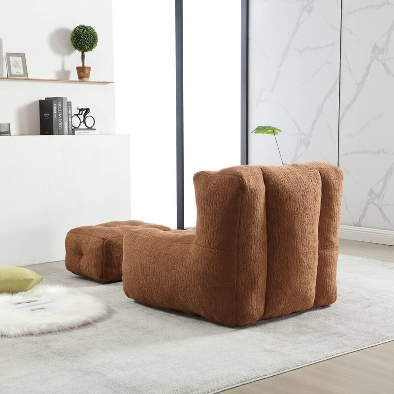 Fluffy bean bag chair with memory foam and ottoman - Brown