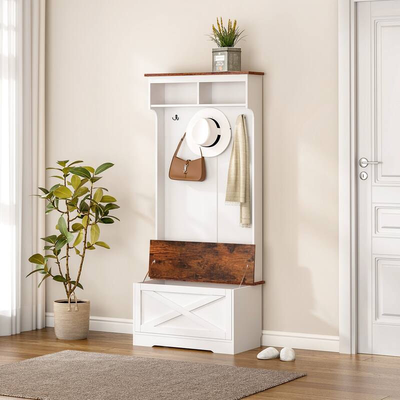 Modern Minimalist Coat Rack Wardrobe with 5 Hooks, Bench and Storage Function, for Hallway - White