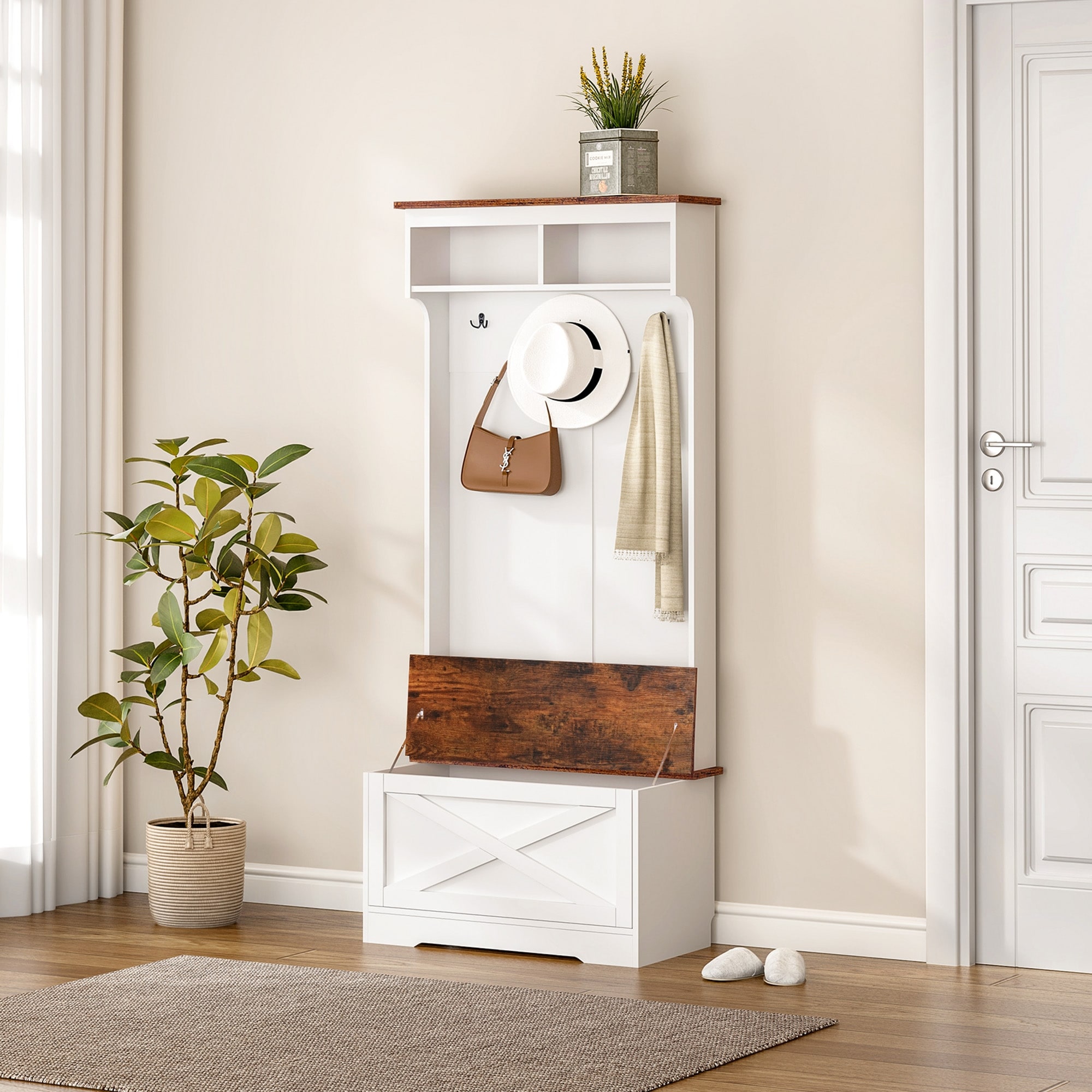 Versatile Hall Tree with Bench & Storage, Home Wardrobe, Bedroom Storage, Minimalist Coat Rack, Vintage White