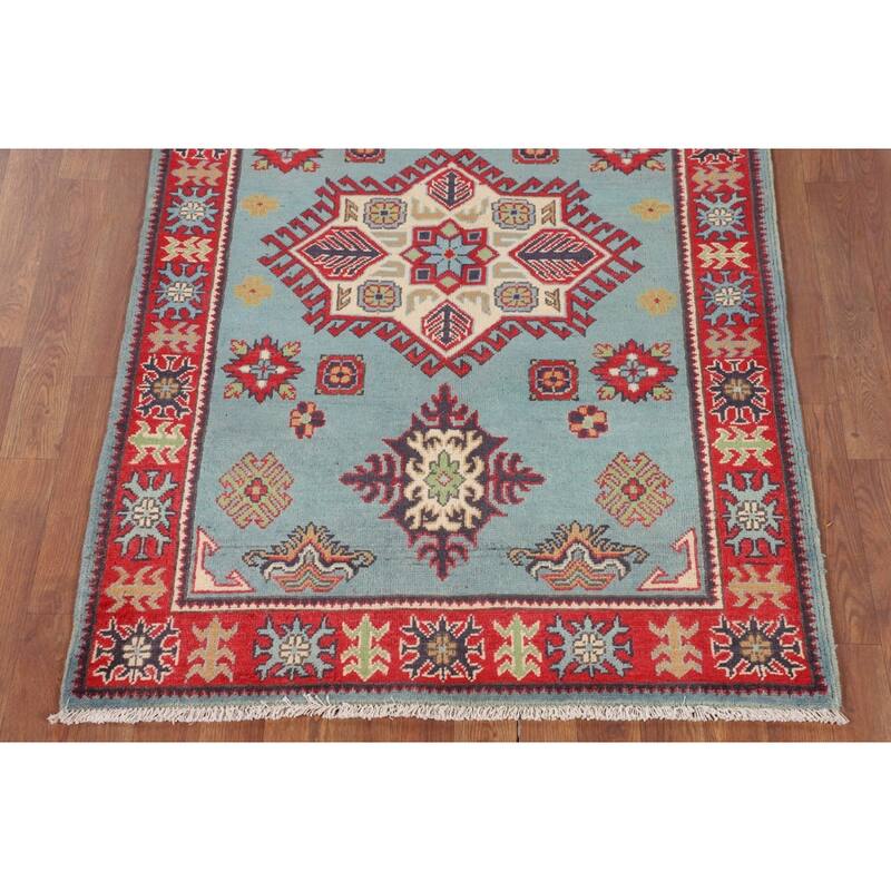 Light Blue Geometric Kazak Foyer Rug Hand-Knotted Oriental Wool Carpet - 3'5" x 4'10"