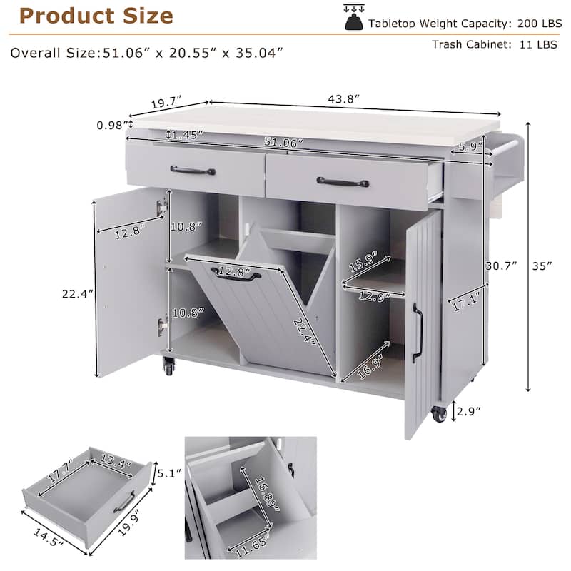 Kitchen Island with Trash Can Storage Cabinet,Kitchen Cart with Drop Leaf
