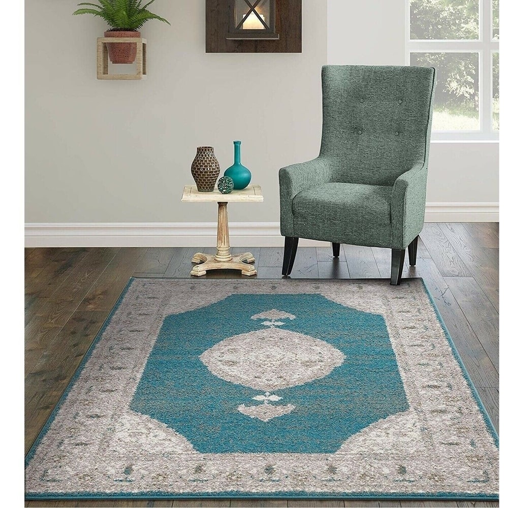 Porch & Den Garland Blue and Grey Distressed Floral Area Rug
