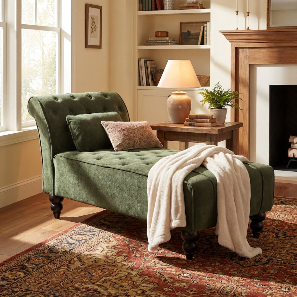 Christopher Knight Home - Classic Indoor Velvet Upholstered Button-Tufted Chaise Lounge Chair with Solid Wood Legs - 54.5"L