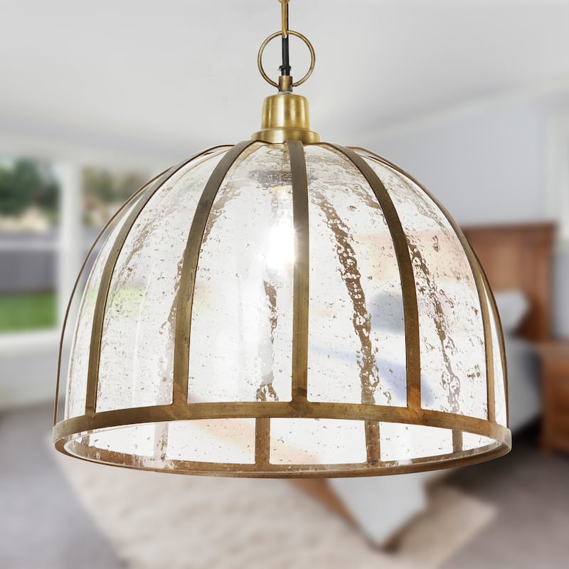 Hayden River of Goods Brass and Seeded Glass and Metal Pendant Light with Adjustable Hanging Cord - 14.5" x 14.5" x 13.5/68.5"