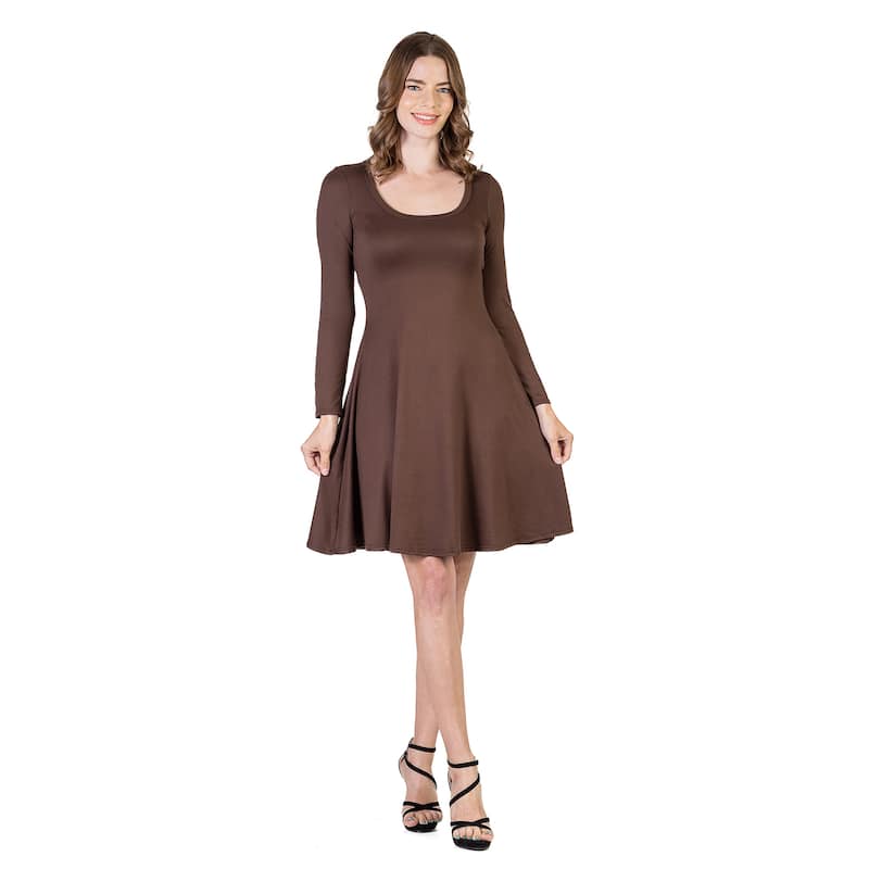 24seven Comfort Apparel Classic Long Sleeve Flared Mini Dress - Brown - S