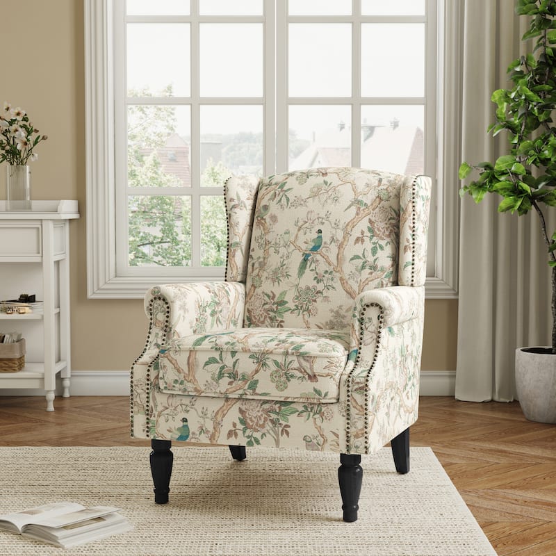 Traditional Floral Patterned Wingback Armchair with Nailhead Trim - Bird