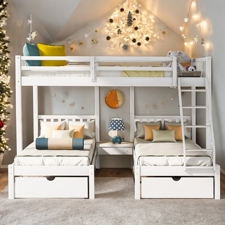 Simple Full Over Twin&Twin Triple Bunk Bed With Drawers And Guardrails