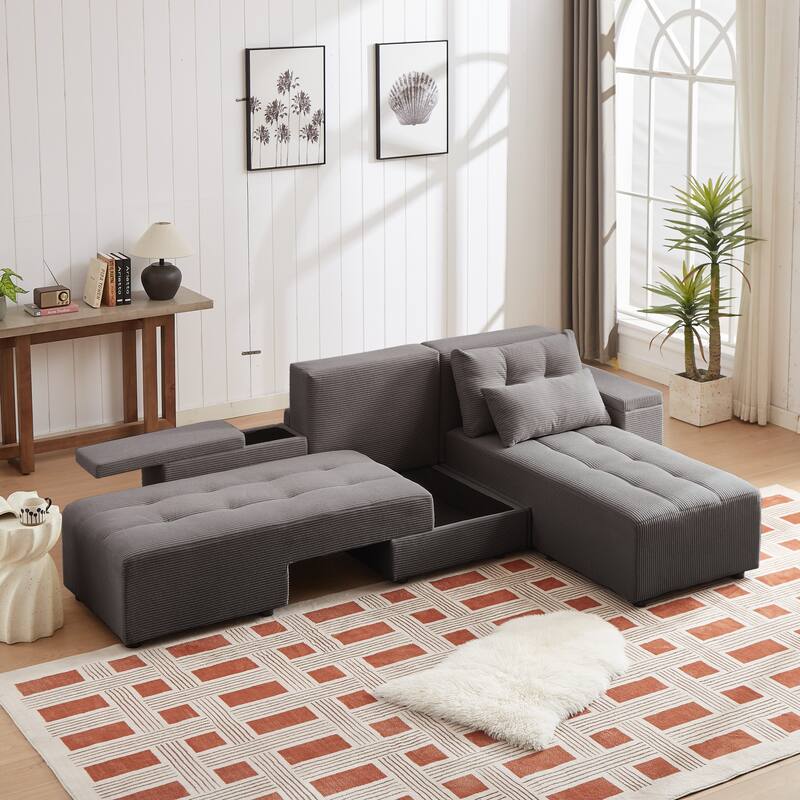 Convertible Storage Sofa with Corduroy Fabric & Adjustable Modular Design - Sleeper Sofa