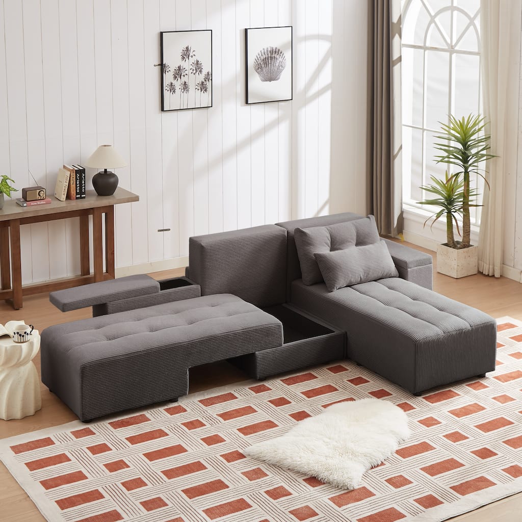 Grey 94'' Corduroy 3-in-1 Convertible Sofa with Storage