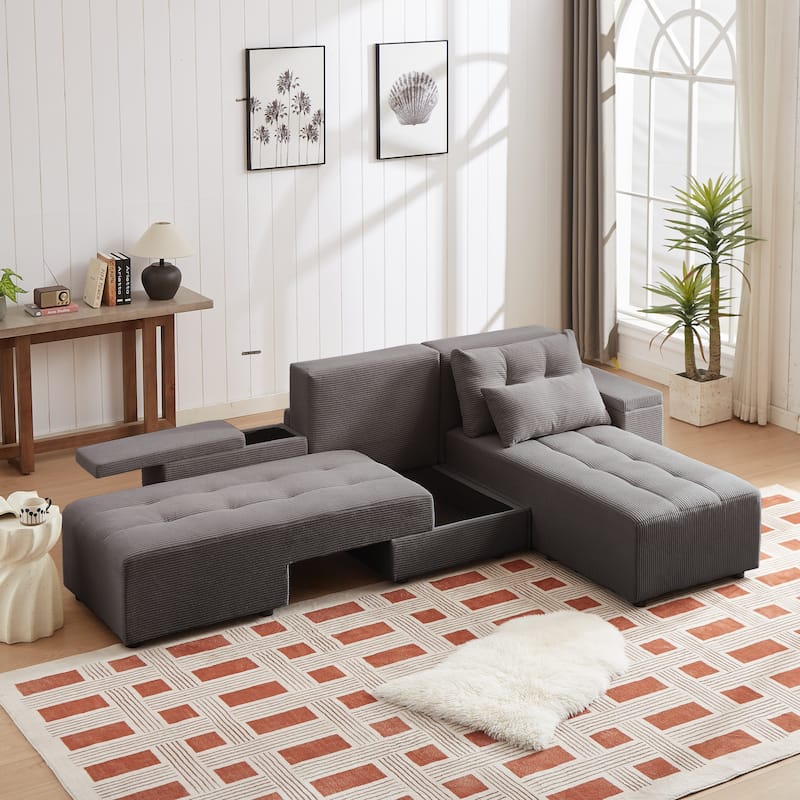 Roomfitters Convertible 3-in-1 Sleeper Sofa Sectional with 4 Storage Compartments and 4 Pillows, Corduroy Couch for Living Room