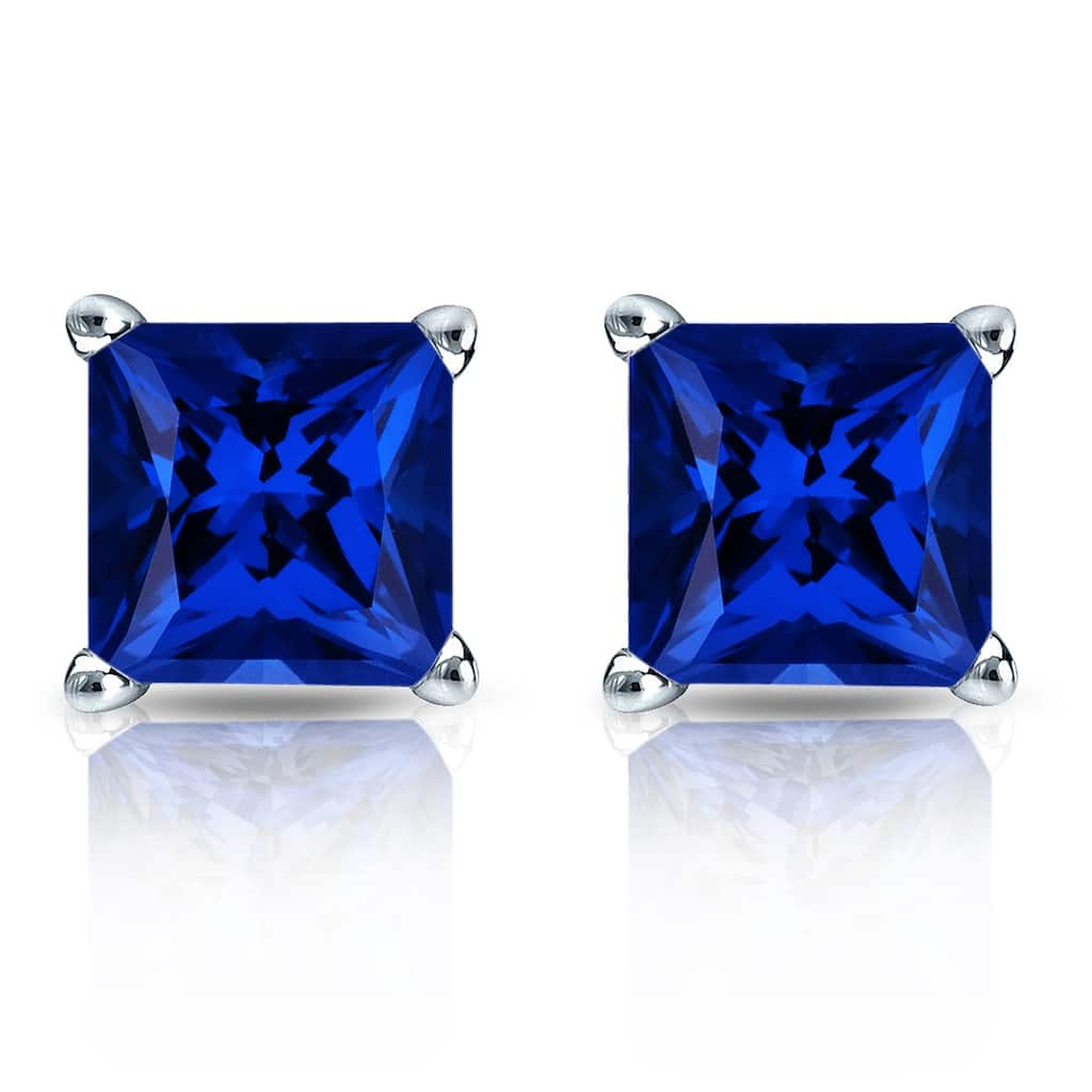 Auriya 14k Gold Lab Grown Gemstone Blue Sapphire Stud Earrings Princess 0.25 to 5.00 ct. tw. 4-Prong Basket Push-Back