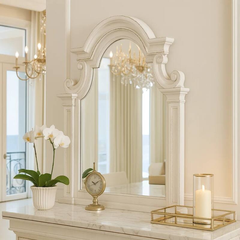 Scalloped Design Wooden Frame Mirror with Distressed Detail, White