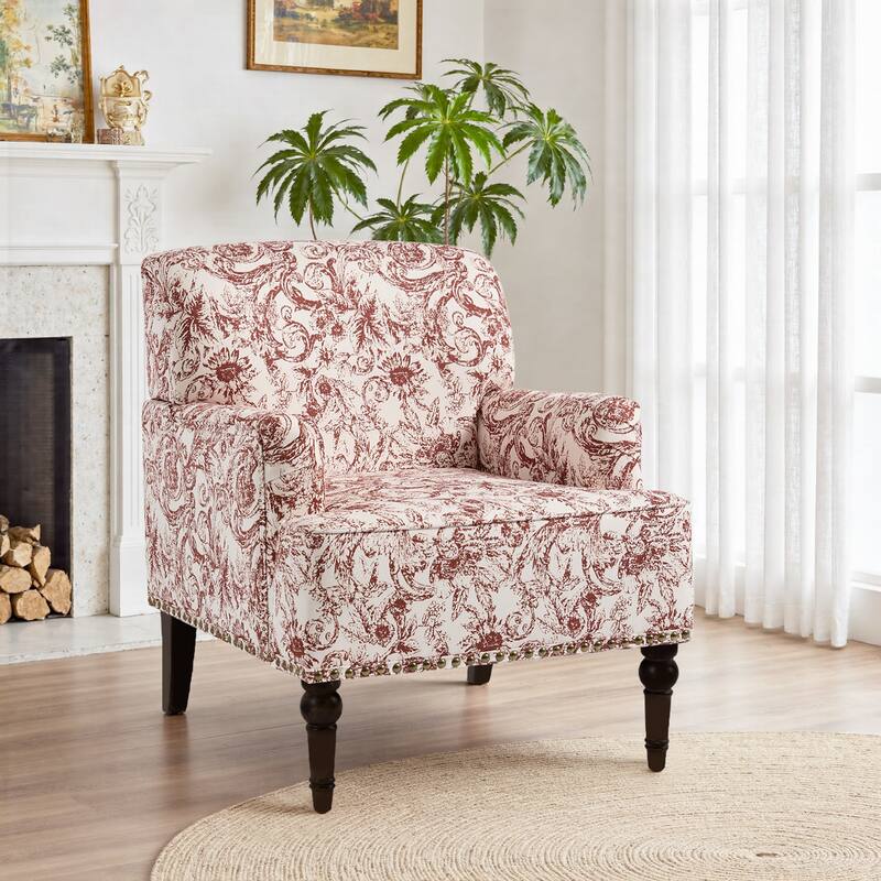 Striped Upholstered Linen Armchair with Brass Nailhead Trim