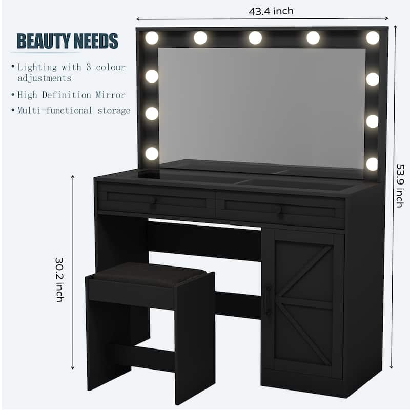 Roomfitters Farmhouse Makeup Vanity with Lights, Vanity Desk with Barn Door, 2 Drawers Makeup Table with Lighted Mirror
