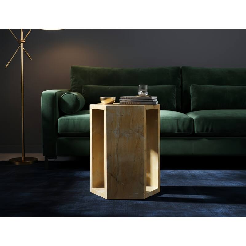 Roomfitters Luxury Natural Marble Hexagon Side Table, Solid Stone Geometric Pedestal End Table, Polished Finish