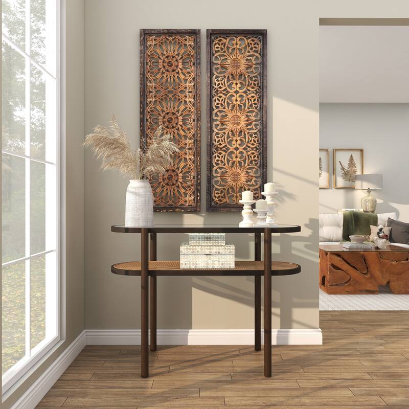 Rattan Oval 1 Shelf Console Table with Pressed Tempered Glass Top and Metal Legs - Brown - Roche River Decor