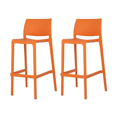 HomeRoots Set of Two 30" Orange Heavy Duty Plastic Low Back Outdoor Bar Height Chairs