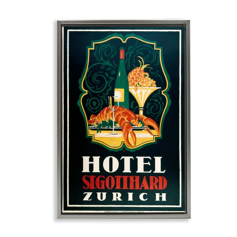 Stupell Vintage Hotel Zurich with Lobster Framed Floater Canvas Wall Art Design By Marcus Jules - 17 x 25 - Grey