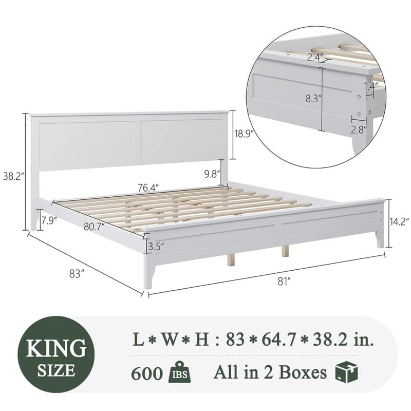 Modern Style, Solid Wood Bed Frame with MDF Headboard and Footboard
