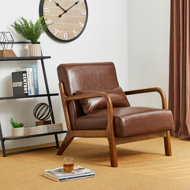 Glitzhome 30.75"H Mid-Century Modern PU Leather Armchair Accent Chair with Pillow - 25.75"W x 33.75"D x 30.75"H