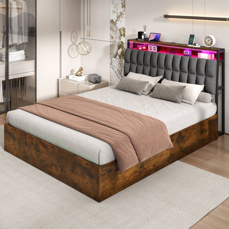 Moasis Lift-Up Storage Bed Frame with Charging Station & Storage Headboard - With LED Light - Queen