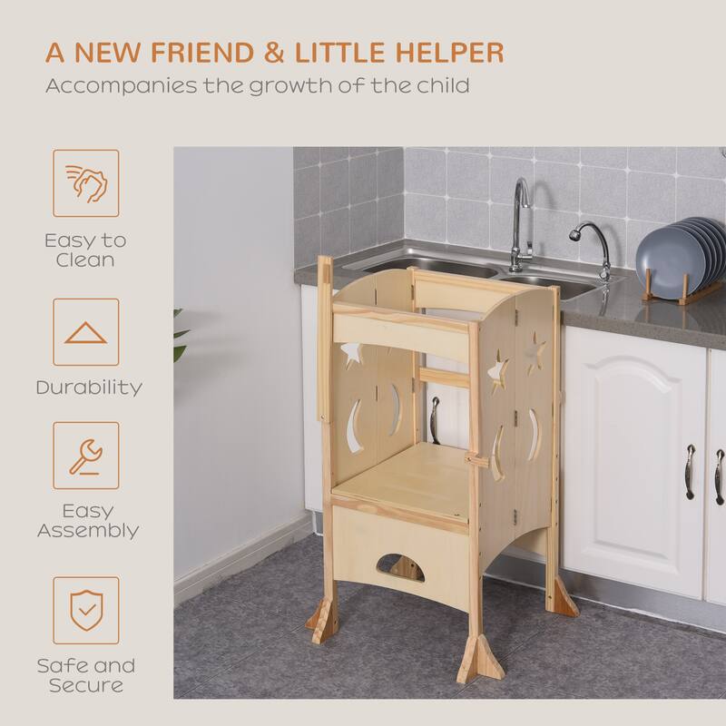 Wooden Kitchen Step Stool for Kids, Foldable Toddler Tower, Helper Stool for Kitchen Counter with Support Handles Safety Rail