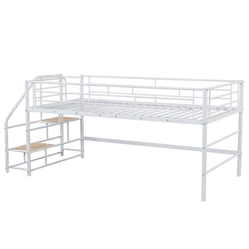 Twin Metal Mid Loft Bed with Storage Stairs