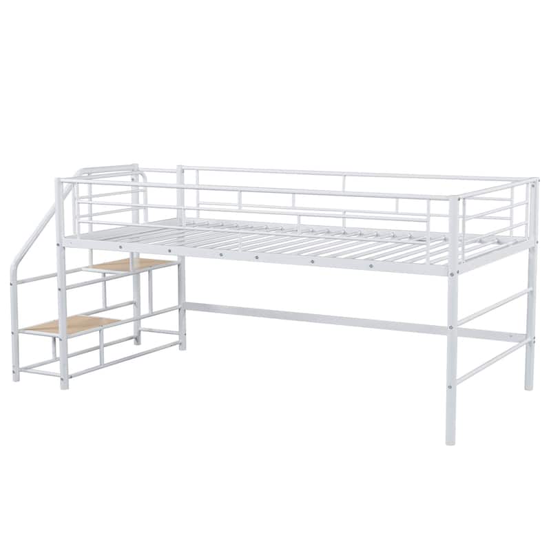 Twin Size MDF Metal Mid Loft Bed with Storage stairs and Fence for Kids, Boys and Girls, Bedroom