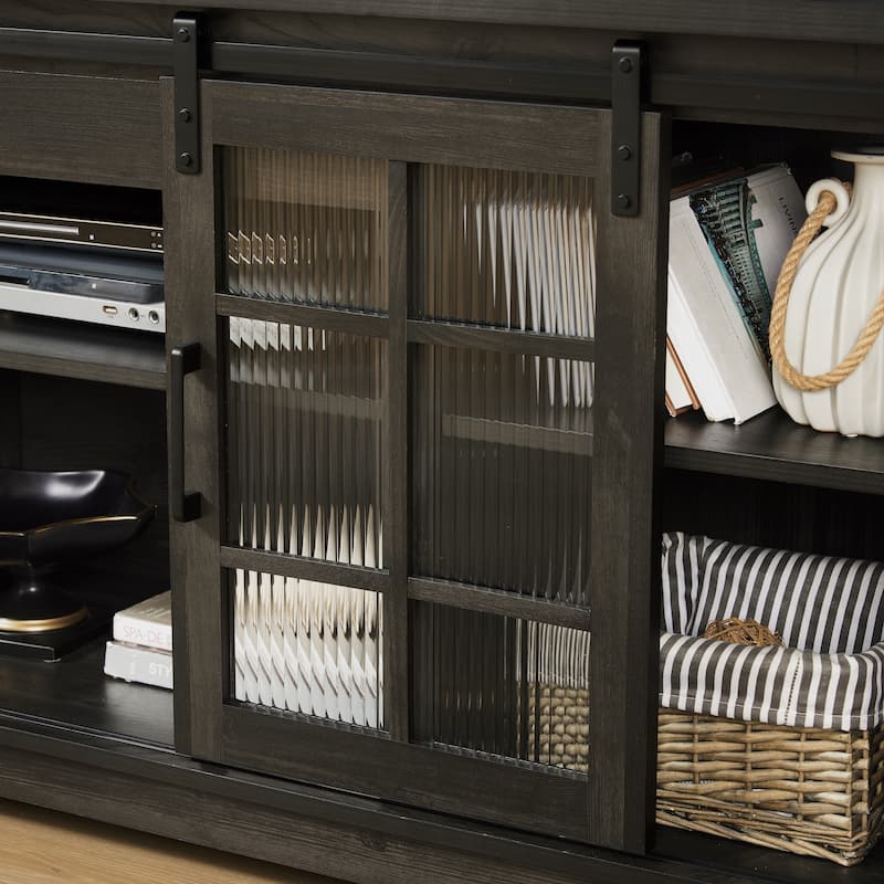 Charcoal Grey 59" TV Stand with 2 Sliding Glass Doors and Adjustable Shelves for TVs Up to 65"
