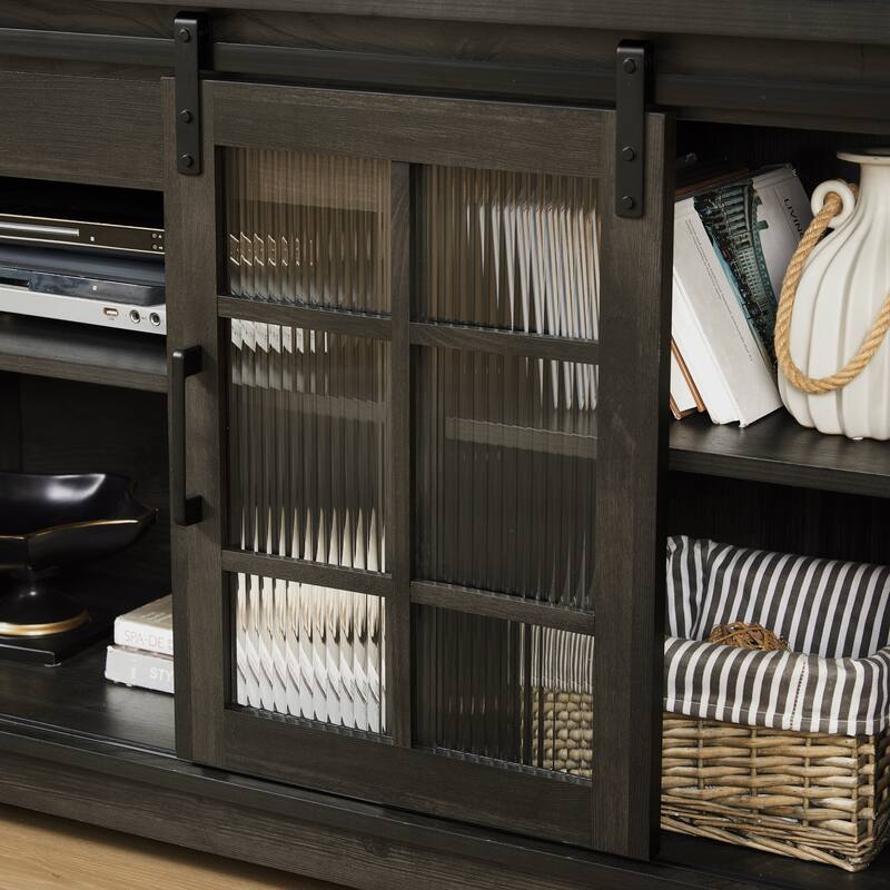 Multipurpose Sliding Door TV Stand Large Storage Cabinet with 2 Sliding Fluted Glass Tempered Doors, TV Up to 65''