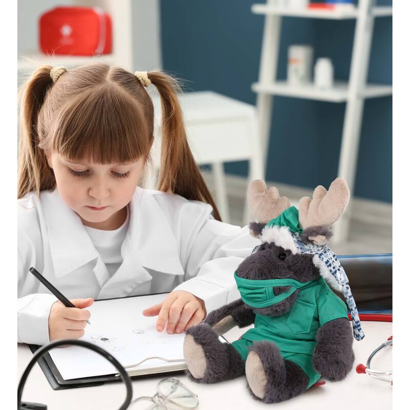DolliBu Grey Moose Doctor Plush with Cute Scrub Uniform and Cap Outfit - 15 inches