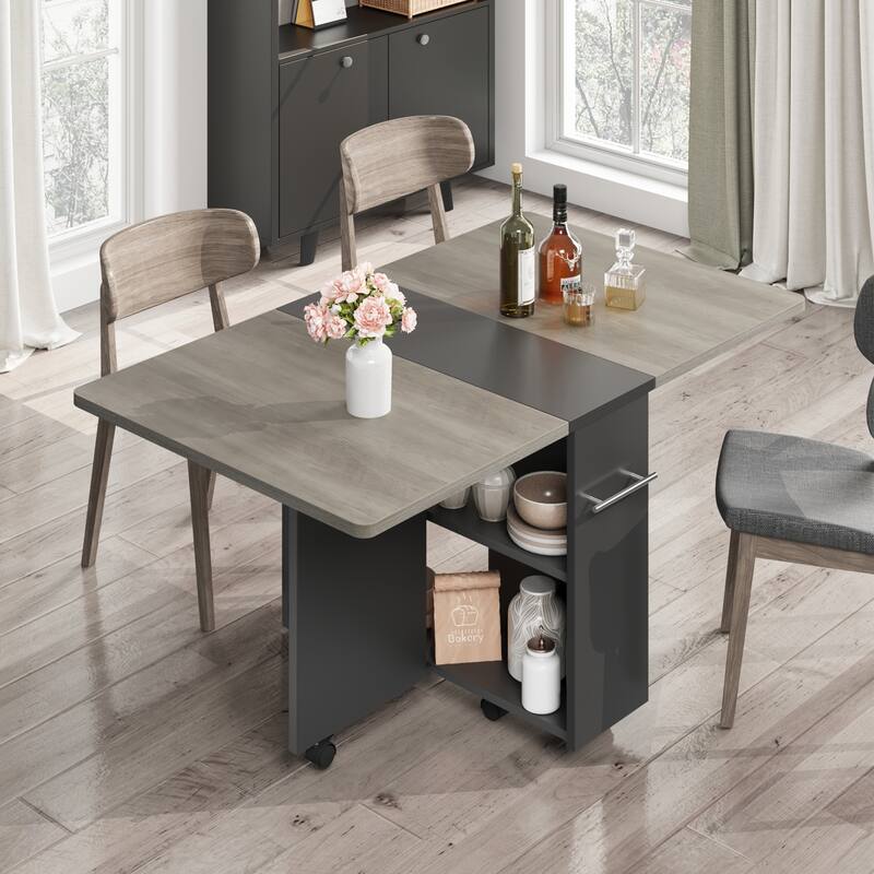 Folding Dining Table with 2 Tier Storage, Extendable Kitchen Table - M - Grey