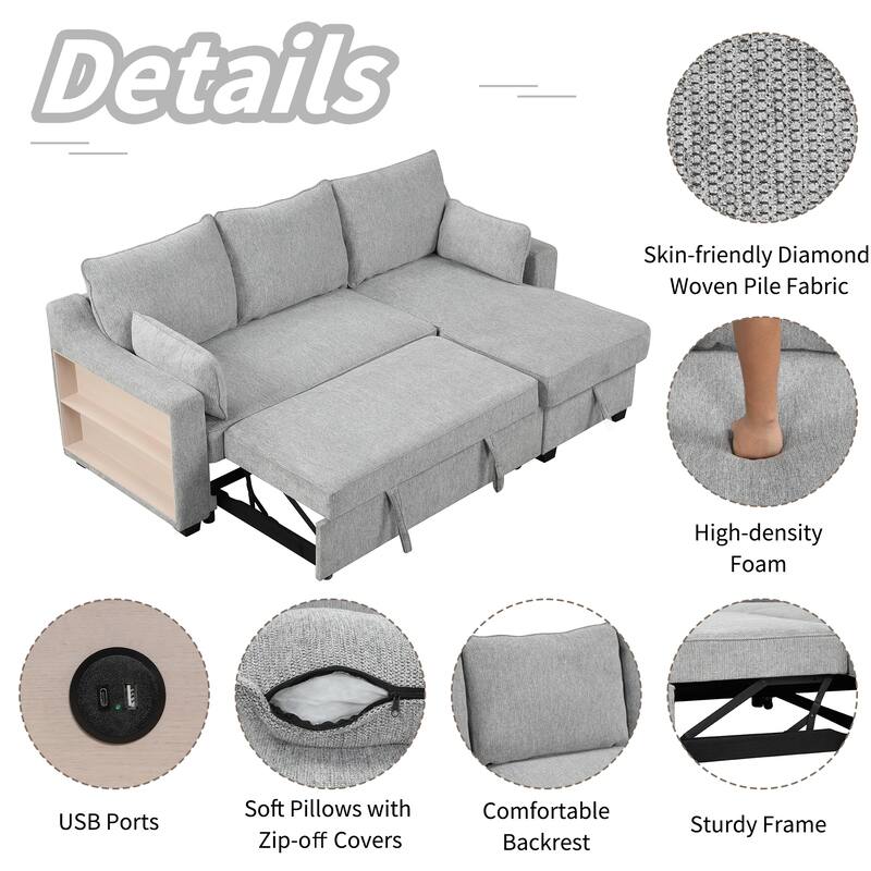 90" Pull Out Sleeper Sofa L-Shaped Couch Convertible Sofa Bed with Storage Chaise, Storage Racks and USB Ports, Light Brown