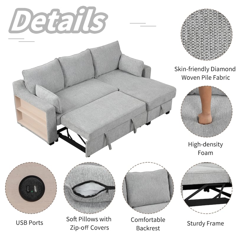 L-Shaped Convertible Sleeper Sofa with Storage Chaise and USB Ports