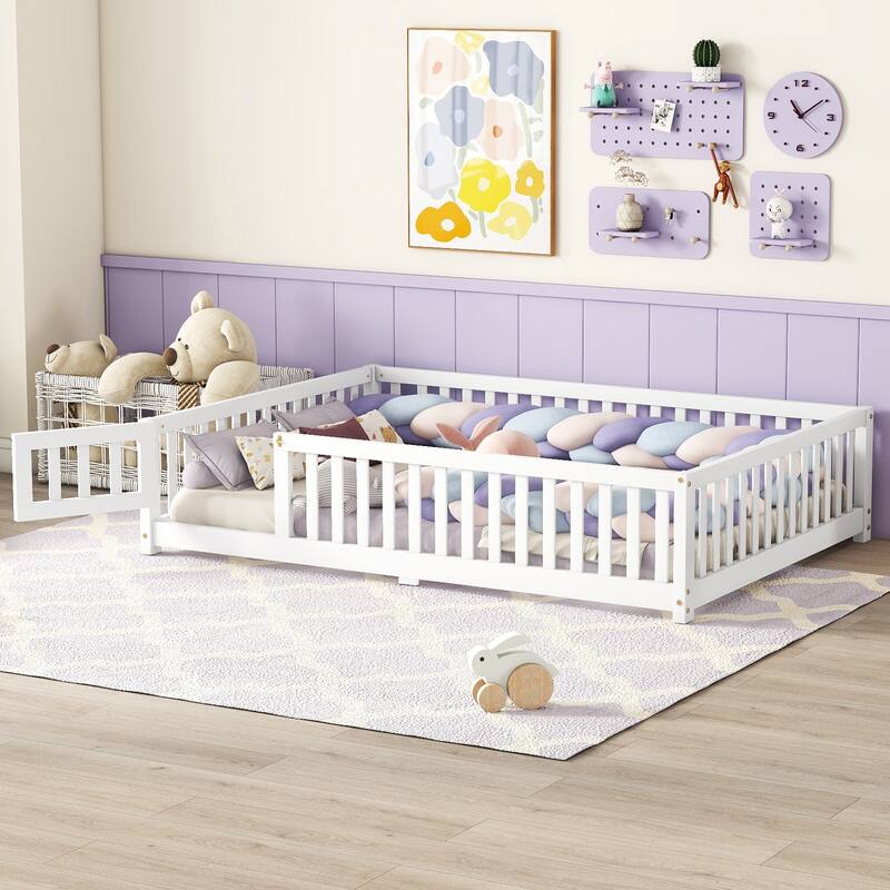 Wood Low Floor Bed Frame with Fence Guardrails,Platform Bed for Kids