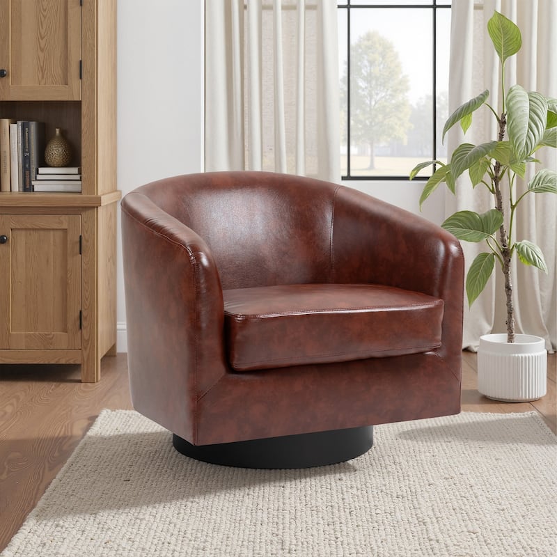 2 Set Modern Wide Round Swivel Accent Barrel Chairs - Faux Leather - P-Red Brown-Single