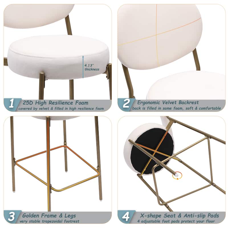 Set of 2 29'' Upholstered Bar Stools Velvet Counter Stool with Backrest Footrest