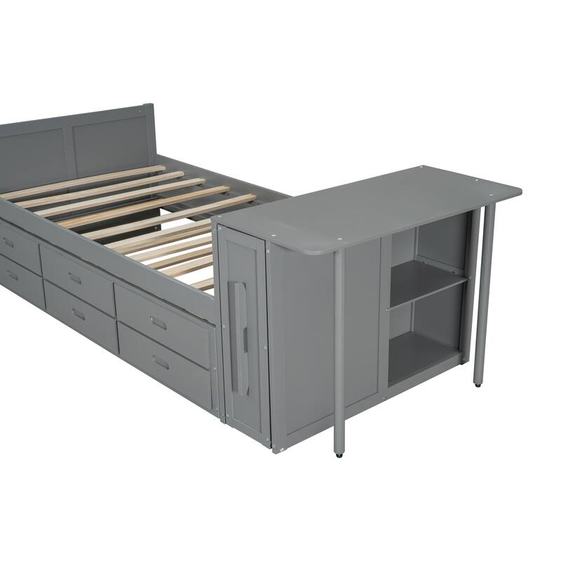 Twin Size Multifunctional Wood Platform Bed with Built-in Desk, Trundle, Storage Shelf, and 3 Drawers for Space-Saving