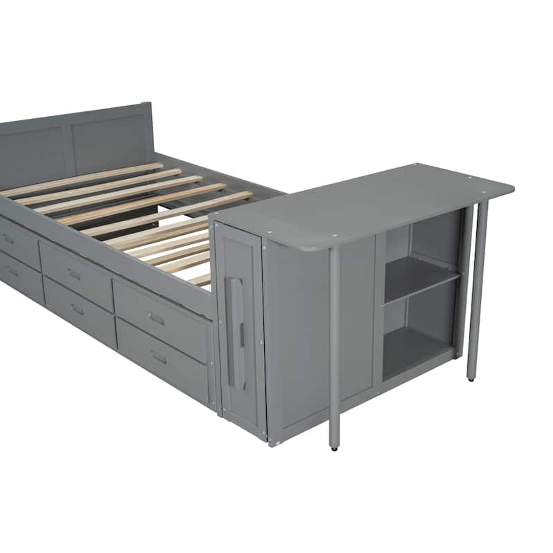 Twin Size l Wood Platform Bed with Desk and Storage Shelf at the Built-in Trundle and 3 Drawers