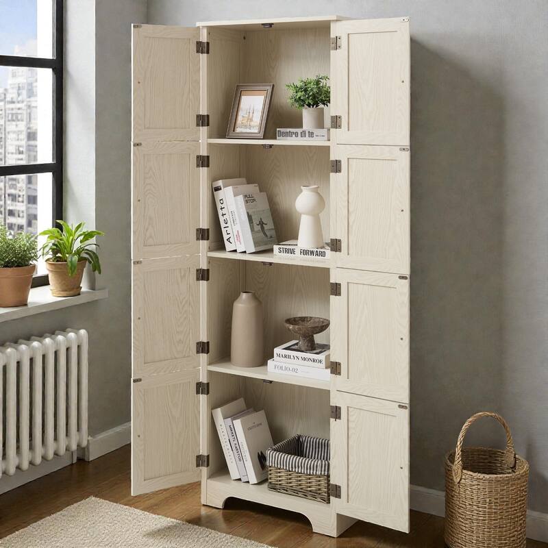 72.4 in Tall Storage Cabinet with 8 Doors and 4 Shelves, Freestanding Bookshelf Pantry Cabinet for Living Room