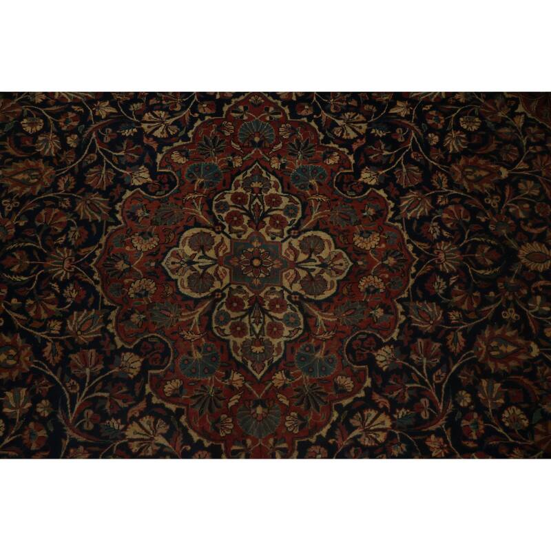 Hand Knotted Oriental 100% Wool Carpet Traditional Floral Navy Blue & Blues Kashan (Dabir) Area Rug - 11' 2'' X 8' 6''