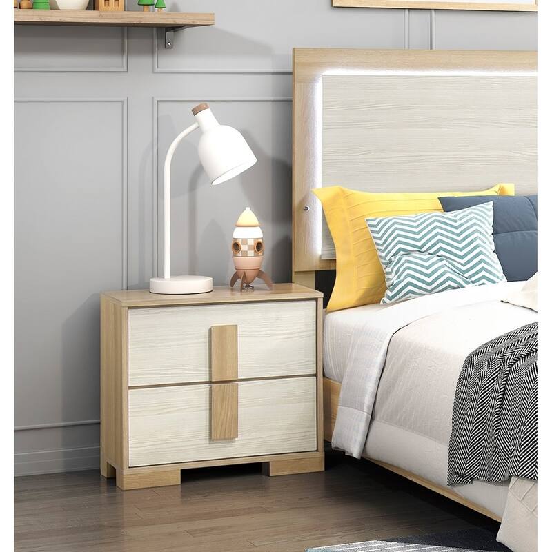 Nightstand with 2 Storage Drawer, Sofa Side Table with Solid Wood Legs, Decorative Table with Ball Bearing Glides - Natural,White