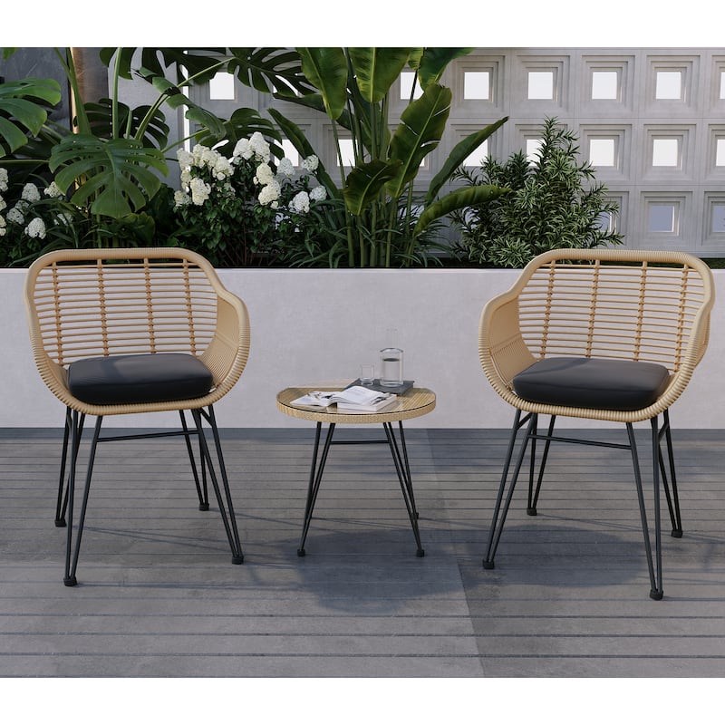 3 Pieces Outdoor Rattan Chair Conversation Sets with Glass Top Table