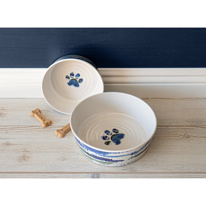 Abode Homewares Tie Dye Paw Print Melamine Pet Bowl - Medium - 4 Cups - Blue - Set of 2