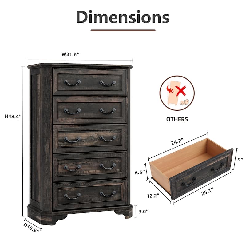 Vintage 5 Drawers Dresser, Bedroom Storage Cabinet, Dressers Organizer