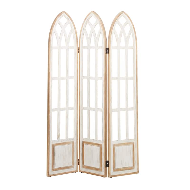 White Wood Hinged Foldable Arched Partition 3 Panel Partition Room Divider Screen with Window Pane Details