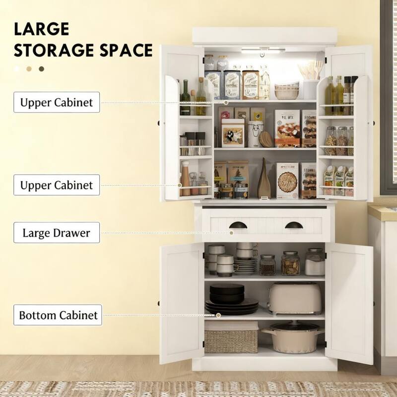 Nordic Style Kitchen Pantry with LED Lights, 6 Door Shelves, Drawer & 4 Adjustable Shelves